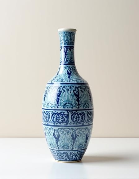 Grand vase en céramique avec des tons bleus et blancs.